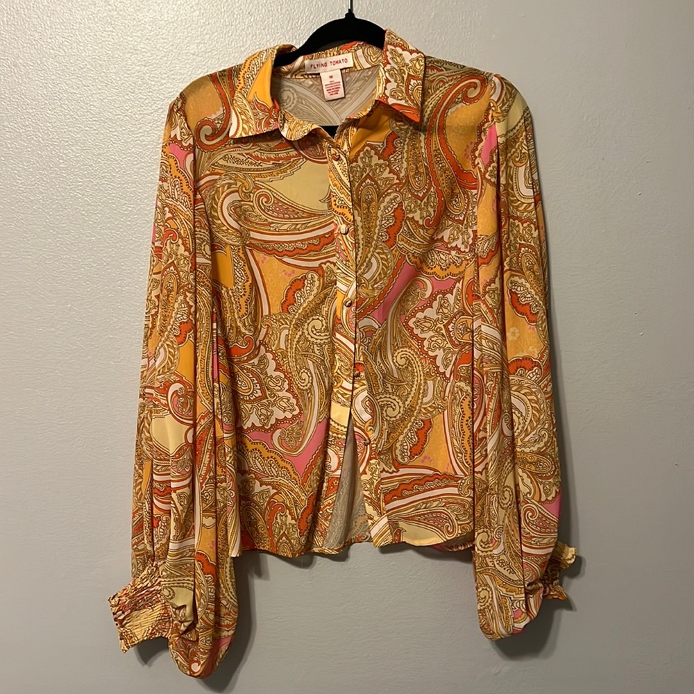 Red Dress Boutique- Pink/Orange/Yellow button down Size M